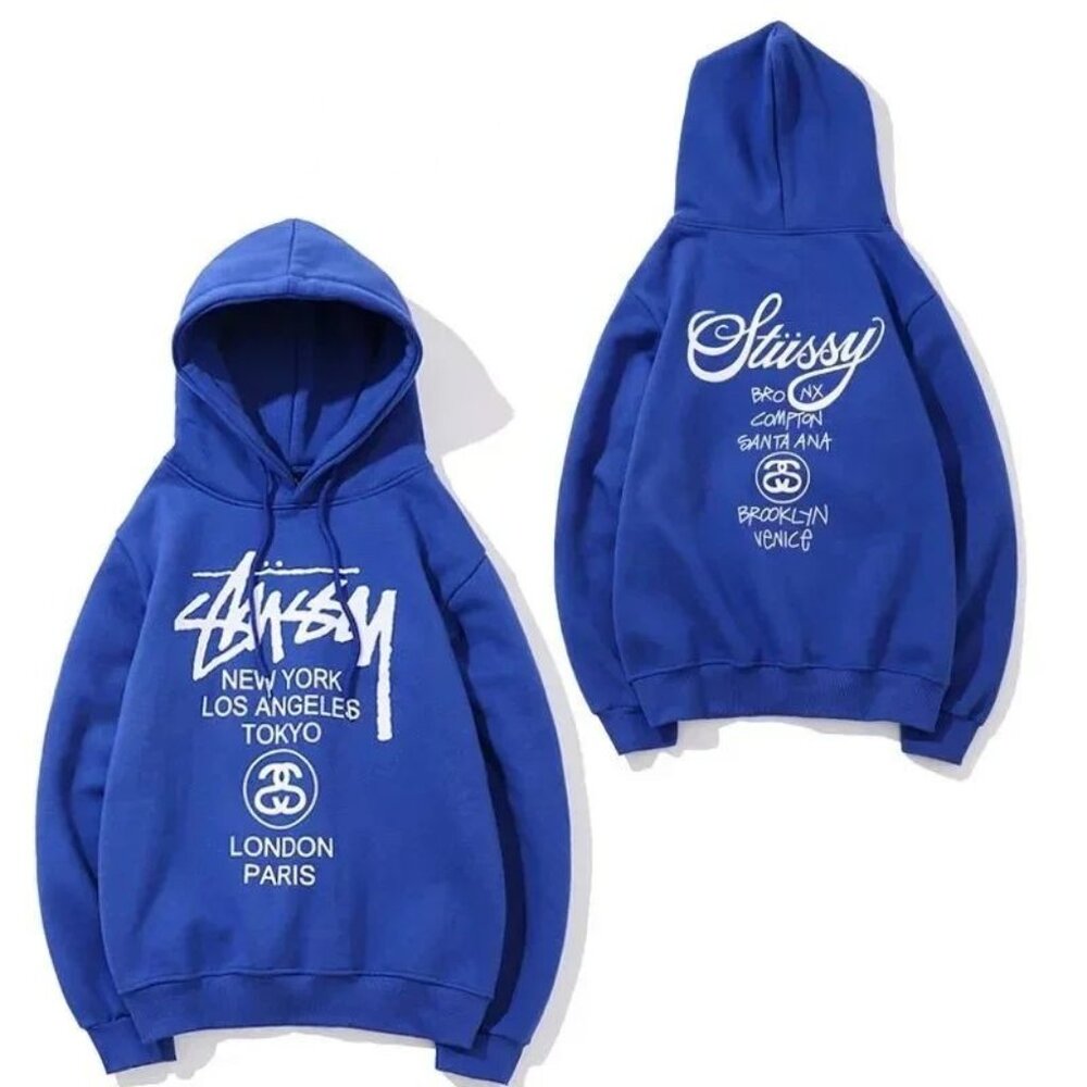 Stussy Loose Fit Men Medium Streetwear Cities Pullover Graphic Hoodie Blue White - Picture 1 of 8